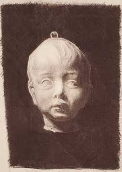 A charcoal drawing of a baby head statue.